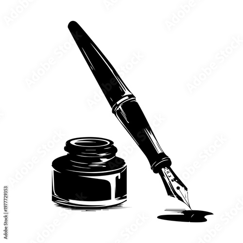 Vector design shows a fountain pen and ink bottle with ink drops