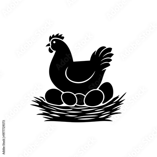 Chicken sitting on a nest of eggs in a simple vector design