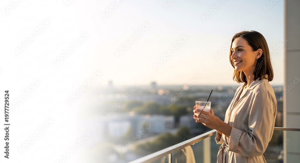 Fototapeta premium Smiling woman enjoying drink on balcony with city view at sunset lifestyle and relaxation.