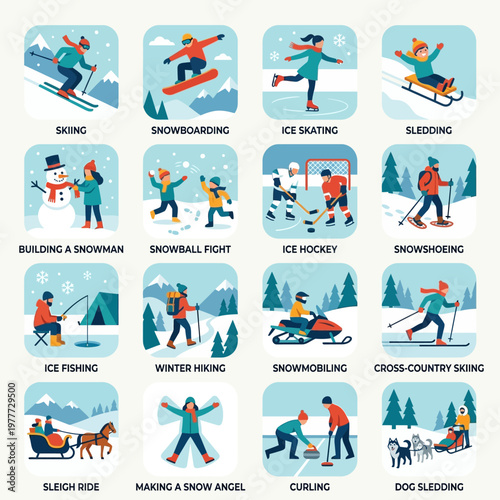 Diverse Winter Activities and Sports Illustrated in a Cheerful Icon Grid