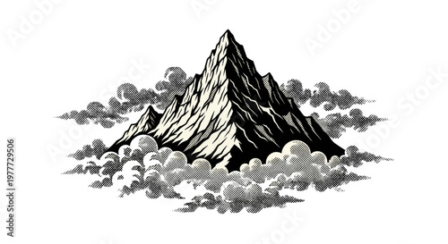 Black and white mountain landscape with rocky peaks and clouds