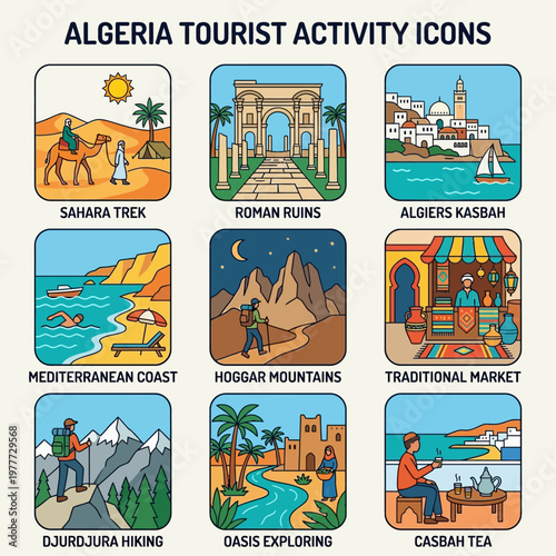 Illustrative Collection of Diverse Algerian Tourist Activity Icons Showcasing Cultural and Natural