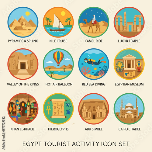 Illustrative Set of Egyptian Tourist Activities and Landmarks Circular Icons