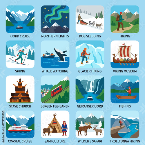 Illustrative Grid Showcasing Diverse Scandinavian Adventure Activities and Landmarks for Tourism