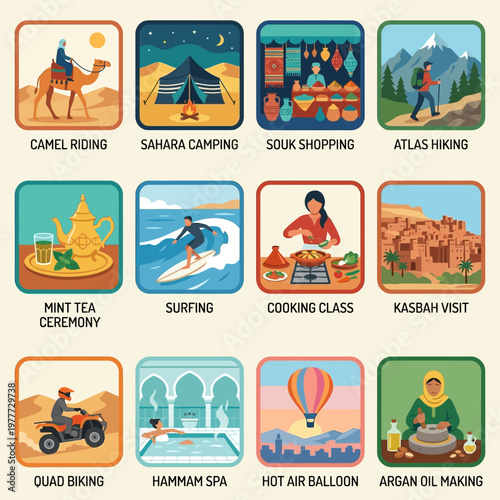 Vibrant mosaic of North African cultural experiences and adventures illustrated in charming icons