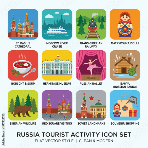 Vibrant Russian Tourist Activity Icon Set Showcasing Iconic Landmarks and Cultural Elements