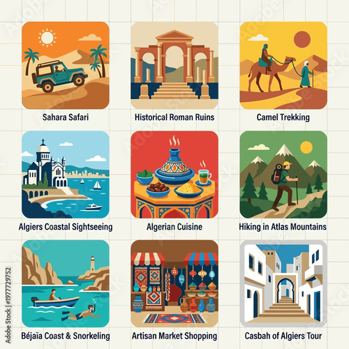 Vibrant Vector Art Depicting Diverse Algerian Tourist Experiences and Cultural Highlights