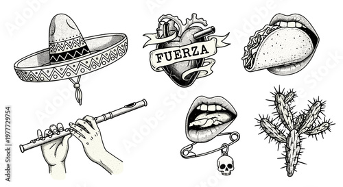 Collection of black and white illustrations depicting mexican culture