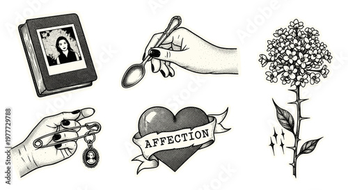 Collection of vintage handdrawn illustrations of love and affection