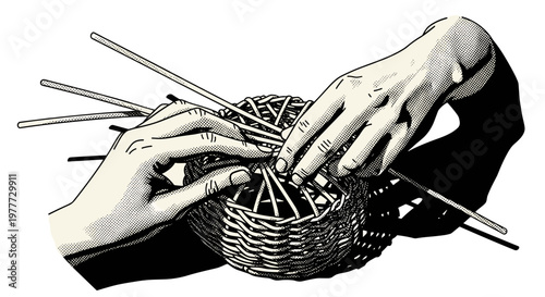Hands knitting with needles in a basket