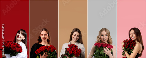 Gorgeous women with bouquets of red roses on colorful backgrounds. Collection of portraits