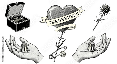 Vintage tattoo style illustration of hands holding a heart with tenderness