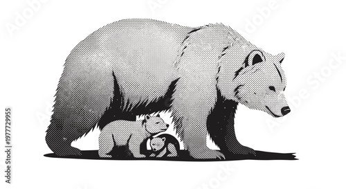 Illustration of a large bear with a cub walking on a textured background
