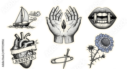 Collection of vintage tattoo flash designs with nautical and symbolic themes