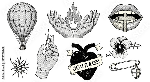 Collection of vintage tattoo flash designs including hot air balloon