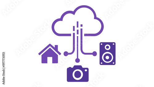 Internet of Things (IoT) vector icon illustration featuring a cloud connected to a smart home, speaker, and camera with a vibrant orange and purple gradient, representing cloud computing and data.