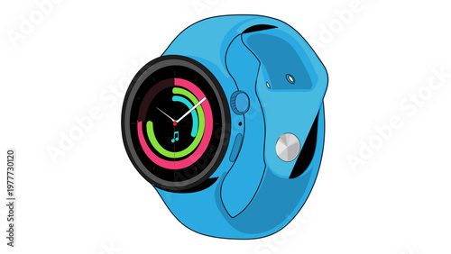 Modern Blue Smartwatch Vector Illustration with Activity Rings and Round Face, IoT Device Icon for Fitness Tracking and Wearable Technology, Minimalist Flat Design Scalable Graphic for UI/UX.