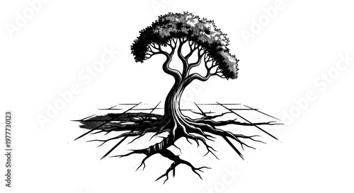 Silhouette of a mature tree with extensive roots