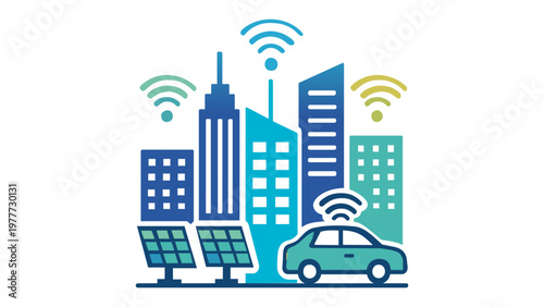 Smart city vector illustration featuring connected urban buildings with wifi signals, solar panels for renewable energy, and an autonomous electric vehicle, representing IoT and sustainability.