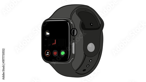 Vector illustration of a modern black smartwatch icon, a sleek IoT device for health tracking and communication, featuring a minimalist flat design, scalable digital wearable technology.