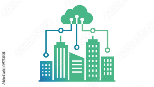 Smart city and cloud computing vector illustration featuring a digital network connecting urban buildings with cloud storage. Ideal for IoT, technology, data connectivity, and smart infrastructure.