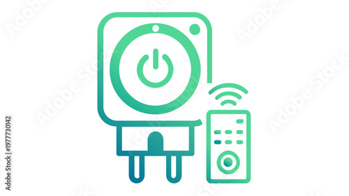 Smart home technology vector icon illustration featuring a wireless smart plug with power button and remote control for automated lighting and appliance management in a minimalist flat design.
