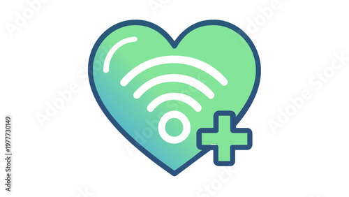 Smart Healthcare Vector Icon Illustration Featuring a Heart with a Wireless Wi-Fi Signal Symbol and a Medical Plus Sign, Representing Digital Health Monitoring and IoT Medical Technology.