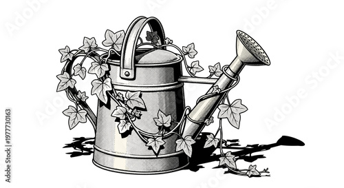 Vintage metal watering can with ivy and flowers