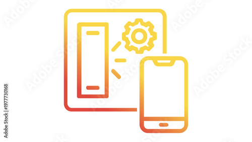 Smart home lighting automation vector icon illustration featuring a digital light switch, settings gear, and smartphone control app, modern orange gradient design for IoT and technology concepts.