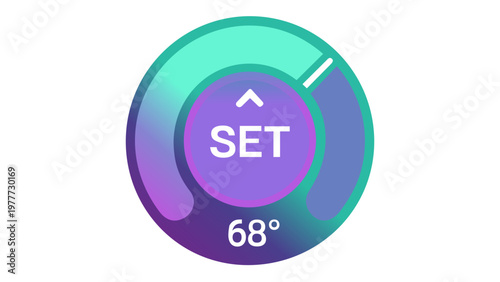 Modern smart thermostat vector icon illustration for home automation and internet of things IoT. Digital temperature control interface with vibrant gradient, featuring a SET button and 68 degrees.