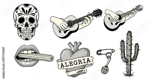 Collection of skull guitar cactus and banner with the word alegria