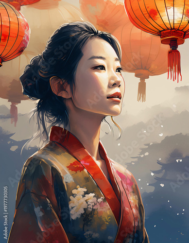 Wallpaper Mural Side profile portrait of a chinese woman in red floral kimono with hair ornaments, gazing thoughtfully beneath glowing lanterns during lunar festival celebration. Generative AI Torontodigital.ca