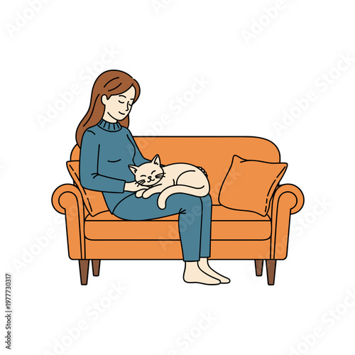 Woman sitting on sofa with cat, cozy home lifestyle illustration