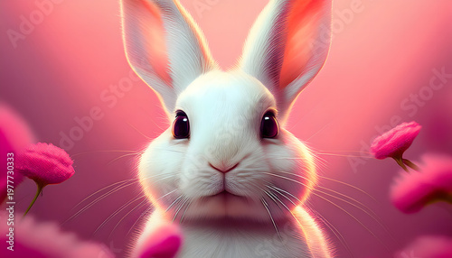Wallpaper Mural A captivating white rabbit with expressive eyes and pink-tinged ears against a dreamy pink backdrop. A charming, whimsical scene. Generative AI. Torontodigital.ca