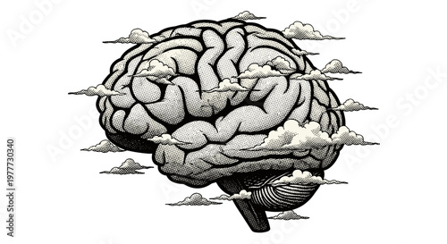 Illustration of a human brain with clouds and a boat in a surreal scene