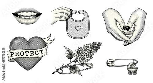Collection of tattoo style illustrations including lips hand heart and more