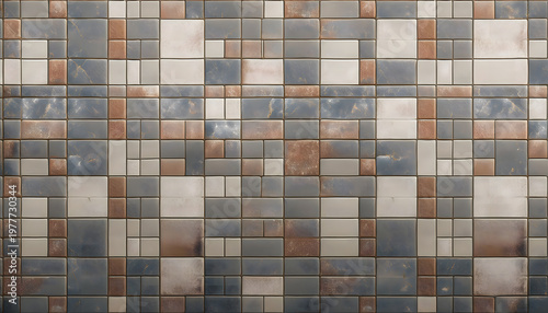 A mosaic of variously sized tiles in shades of blue, brown, and gray, creating a complex, abstract pattern. Generative AI