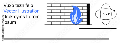 Cybersecurity, data protection, internet safety, information technology, encryption, network defense. A brick wall with a blue flame next to a 360-degree rotation diagram. Cybersecurity and data