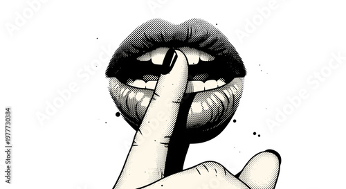 Black and white illustration of a finger touching lips with a finger