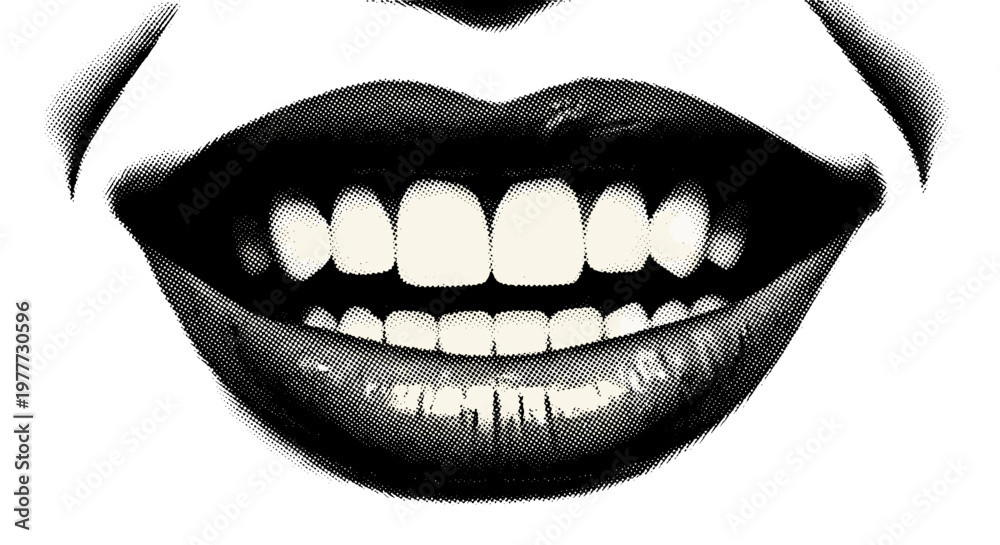 Fototapeta premium Closeup of smiling mouth with teeth showing in black and white