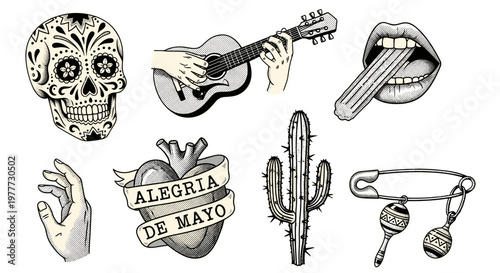 Collection of traditional mexican tattoo and cultural symbols