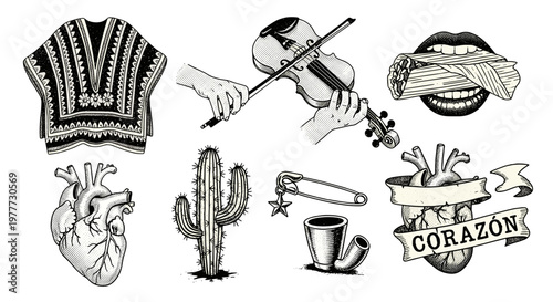 Collection of handdrawn sketches of heart cactus and musical instruments
