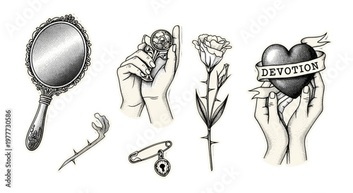 Collection of religious symbols and objects for spiritual devotion