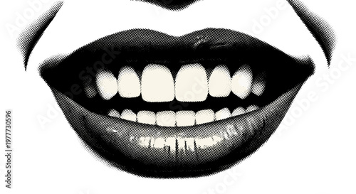 Closeup of smiling mouth with teeth showing in black and white