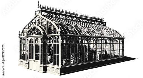 Elegant vintage greenhouse with ornate metal framework and glass panels