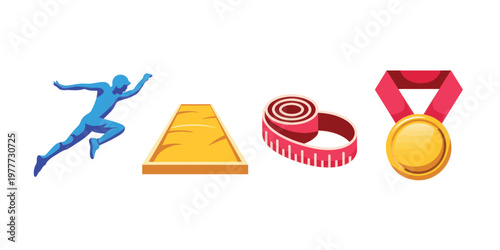 Athlete Jumping Over Hurdle: Measuring Tape & Gold Medal for Sports Achievement