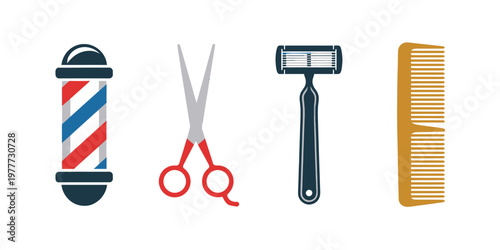 Barber Shop Tools: Scissors, Razor, Comb & Barber Pole for Grooming Services