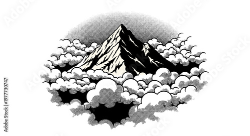 Black and white illustration of mountain peaks surrounded by clouds