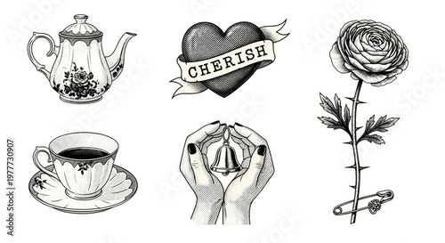 Collection of vintage style handdrawn love and romantic symbols