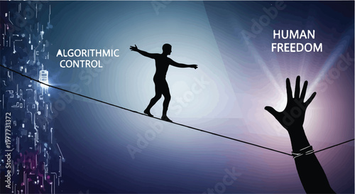 Man on tightrope between technology control and human freedom